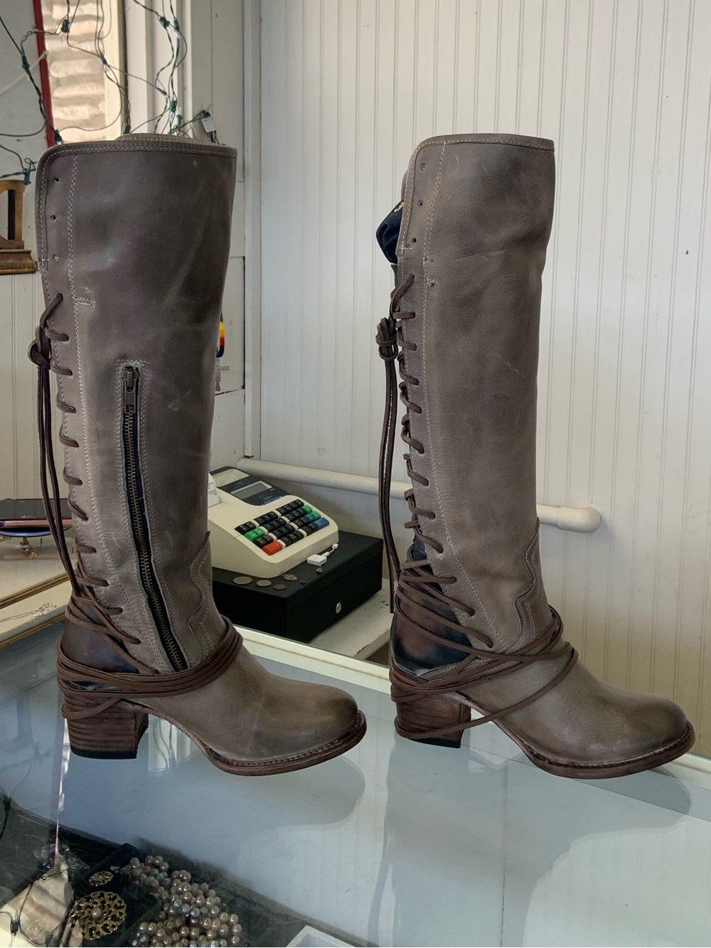Freebird by Steven Tall Lace-Up Over-the-Knee Boots in Taupe